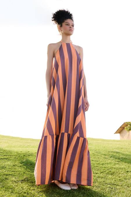 Buy RAAS LIFE Orange Linen Cotton Print Stripe Halter Neck Birds Of Paradise Bar Maxi Dress Online at Aza Fashions Buy_RAAS LIFE_Orange Linen Cotton Print Stripe Halter Neck Birds Of Paradise Bar Maxi Dress _Online_at_Aza_Fashions