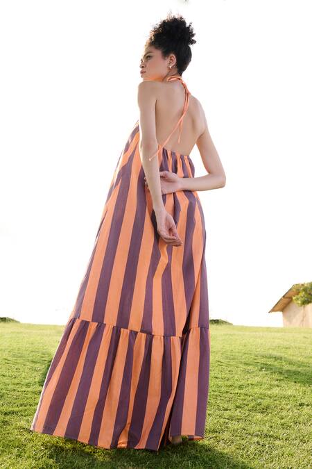 Shop RAAS LIFE Orange Linen Cotton Print Stripe Halter Neck Birds Of Paradise Bar Maxi Dress Online at Aza Fashions Shop_RAAS LIFE_Orange Linen Cotton Print Stripe Halter Neck Birds Of Paradise Bar Maxi Dress _Online_at_Aza_Fashions