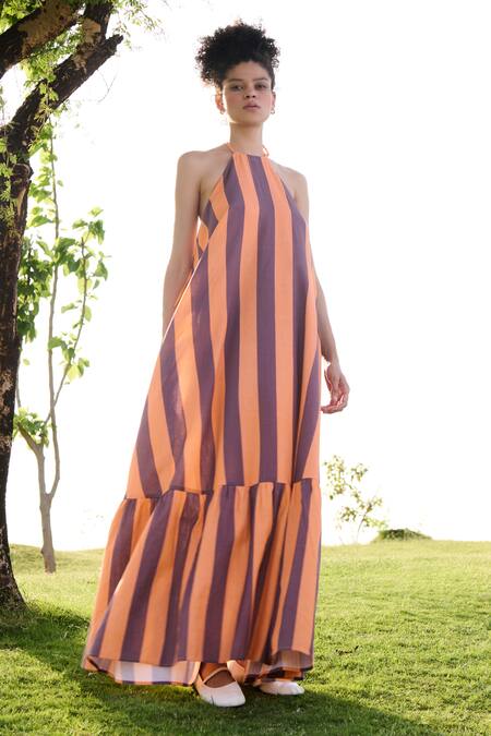 Buy RAAS LIFE Orange Linen Cotton Print Stripe Halter Neck Birds Of Paradise Bar Maxi Dress Buy_RAAS LIFE_Orange Linen Cotton Print Stripe Halter Neck Birds Of Paradise Bar Maxi Dress