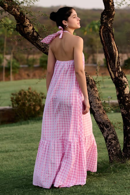 Shop RAAS LIFE Pink 100% Cotton Print Madras Checkered Halter Neck Birds Of Paradise Dress at Aza Fashions Shop_RAAS LIFE_Pink 100% Cotton Print Madras Checkered Halter Neck Birds Of Paradise Dress _at_Aza_Fashions