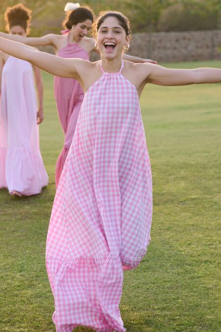 RAAS LIFE Pink 100% Cotton Print Madras Checkered Halter Neck Birds Of Paradise Dress Online at Aza Fashions RAAS LIFE_Pink 100% Cotton Print Madras Checkered Halter Neck Birds Of Paradise Dress _Online_at_Aza_Fashions