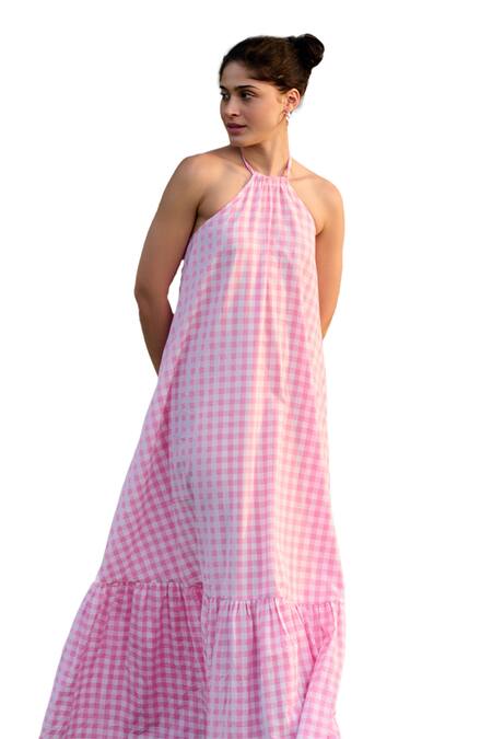Buy RAAS LIFE Pink 100% Cotton Print Madras Checkered Halter Neck Birds Of Paradise Dress Online at Aza Fashions Buy_RAAS LIFE_Pink 100% Cotton Print Madras Checkered Halter Neck Birds Of Paradise Dress _Online_at_Aza_Fashions