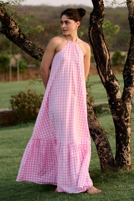 RAAS LIFE Pink 100% Cotton Print Madras Checkered Halter Neck Birds Of Paradise Dress at Aza Fashions RAAS LIFE_Pink 100% Cotton Print Madras Checkered Halter Neck Birds Of Paradise Dress _at_Aza_Fashions