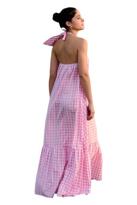 Buy RAAS LIFE Pink 100% Cotton Print Madras Checkered Halter Neck Birds Of Paradise Dress Buy_RAAS LIFE_Pink 100% Cotton Print Madras Checkered Halter Neck Birds Of Paradise Dress