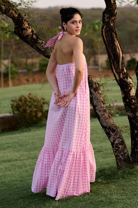 Shop RAAS LIFE Pink 100% Cotton Print Madras Checkered Halter Neck Birds Of Paradise Dress Shop_RAAS LIFE_Pink 100% Cotton Print Madras Checkered Halter Neck Birds Of Paradise Dress