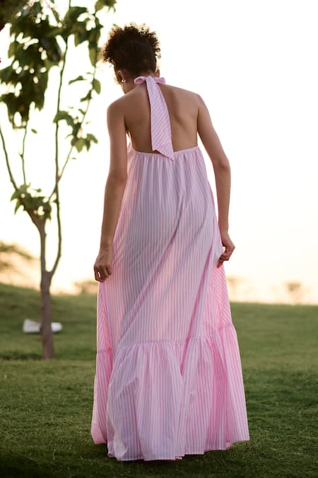 Shop_RAAS LIFE_Pink 100% Cotton Print Candy Stripe Halter Neck Birds Of Paradise Maxi Dress _at_Aza_Fashions