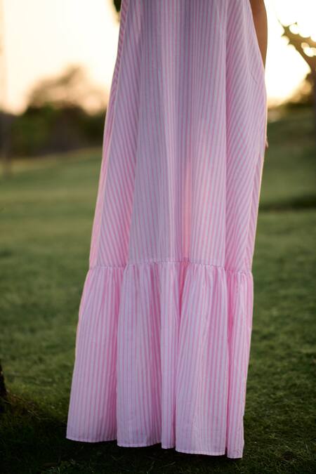 RAAS LIFE_Pink 100% Cotton Print Candy Stripe Halter Neck Birds Of Paradise Maxi Dress _Online_at_Aza_Fashions