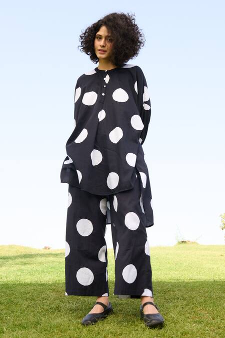 RAAS LIFE Black Linen, Cotton Round Neck Bummer Polka Print Tunic With Pant at Aza Fashions RAAS LIFE_Black Linen, Cotton Round Neck Bummer Polka Print Tunic With Pant _at_Aza_Fashions