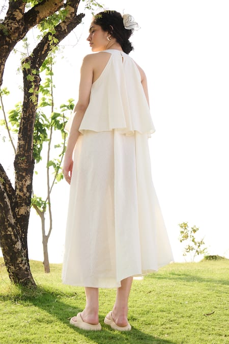Shop RAAS LIFE Off White 100% Cotton Self Striped Halter Neck Camellia Dress at Aza Fashions Shop_RAAS LIFE_Off White 100% Cotton Self Striped Halter Neck Camellia Dress _at_Aza_Fashions