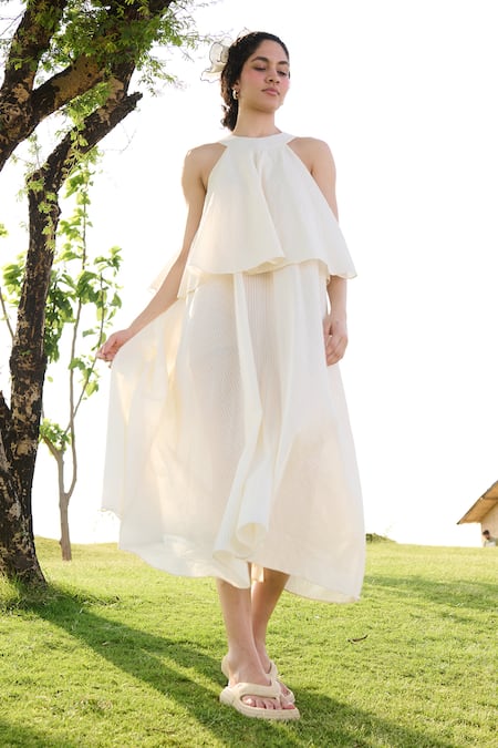 RAAS LIFE Off White 100% Cotton Self Striped Halter Neck Camellia Dress Online at Aza Fashions RAAS LIFE_Off White 100% Cotton Self Striped Halter Neck Camellia Dress _Online_at_Aza_Fashions