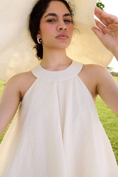 Shop RAAS LIFE Off White 100% Cotton Self Striped Halter Neck Camellia Dress Online at Aza Fashions Shop_RAAS LIFE_Off White 100% Cotton Self Striped Halter Neck Camellia Dress _Online_at_Aza_Fashions