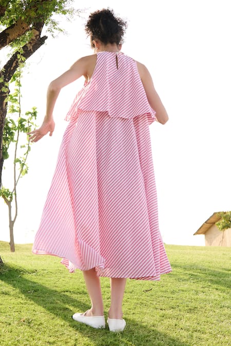 Shop_RAAS LIFE_Red Cotton Halter Neck Camellia Self Candy Striped Dress _at_Aza_Fashions