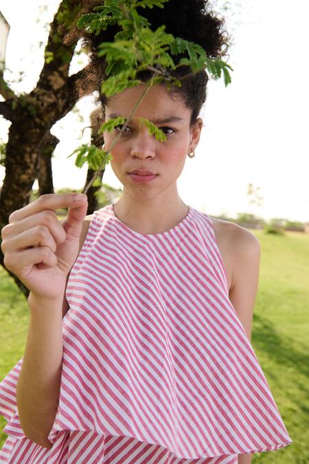 RAAS LIFE_Red Cotton Halter Neck Camellia Self Candy Striped Dress _Online_at_Aza_Fashions