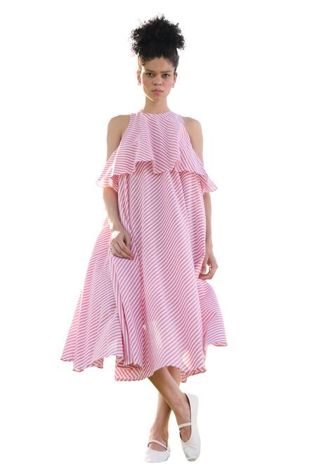 Buy_RAAS LIFE_Red Cotton Halter Neck Camellia Self Candy Striped Dress _Online_at_Aza_Fashions