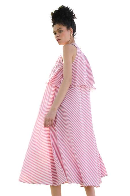 Shop_RAAS LIFE_Red Cotton Halter Neck Camellia Self Candy Striped Dress _Online_at_Aza_Fashions