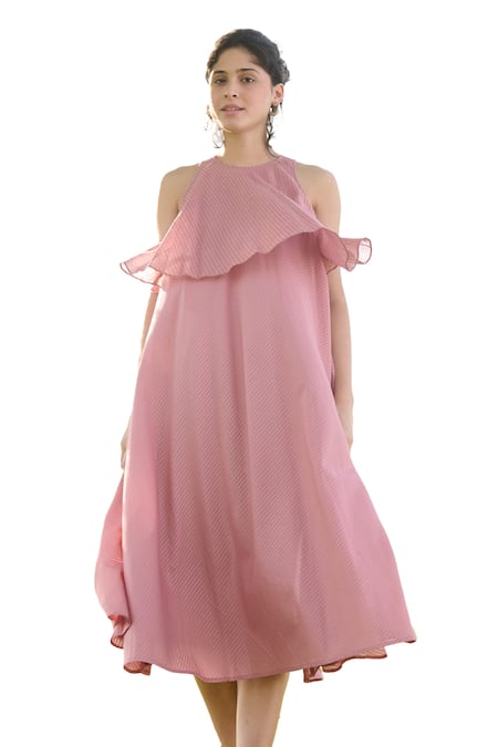 RAAS LIFE_Pink 100% Cotton Self Striped Halter Neck Camellia Midi Dress _Online_at_Aza_Fashions
