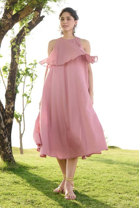 Buy_RAAS LIFE_Pink 100% Cotton Self Striped Halter Neck Camellia Midi Dress _Online_at_Aza_Fashions