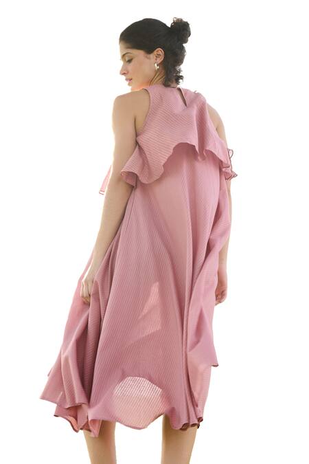 Buy_RAAS LIFE_Pink 100% Cotton Self Striped Halter Neck Camellia Midi Dress 