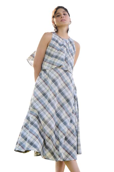 RAAS LIFE_White 100% Cotton Print Madras Checkered Halter Neck Camellia Midi Dress _Online_at_Aza_Fashions