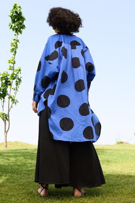 Shop RAAS LIFE Black Linen, Cotton Round Neck Polka Print High Low Tunic With Flared Pant at Aza Fashions Shop_RAAS LIFE_Black Linen, Cotton Round Neck Polka Print High Low Tunic With Flared Pant _at_Aza_Fashions