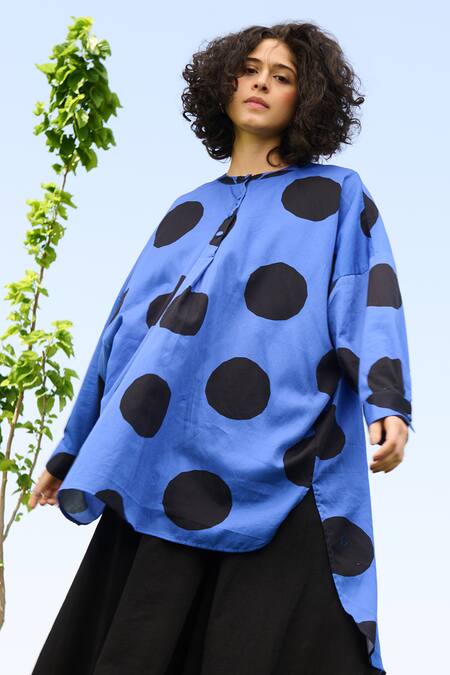 RAAS LIFE Black Linen, Cotton Round Neck Polka Print High Low Tunic With Flared Pant Online at Aza Fashions RAAS LIFE_Black Linen, Cotton Round Neck Polka Print High Low Tunic With Flared Pant _Online_at_Aza_Fashions