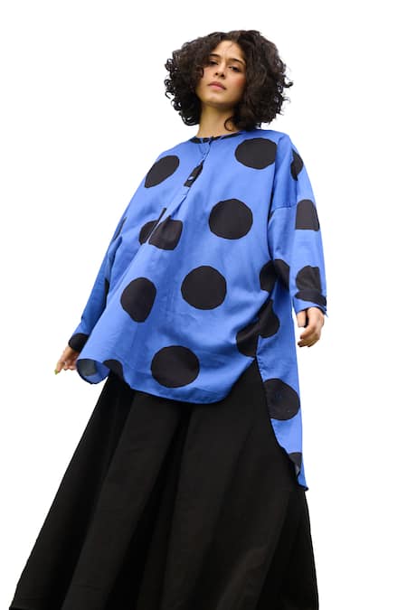 Shop RAAS LIFE Black Linen, Cotton Round Neck Polka Print High Low Tunic With Flared Pant Online at Aza Fashions Shop_RAAS LIFE_Black Linen, Cotton Round Neck Polka Print High Low Tunic With Flared Pant _Online_at_Aza_Fashions