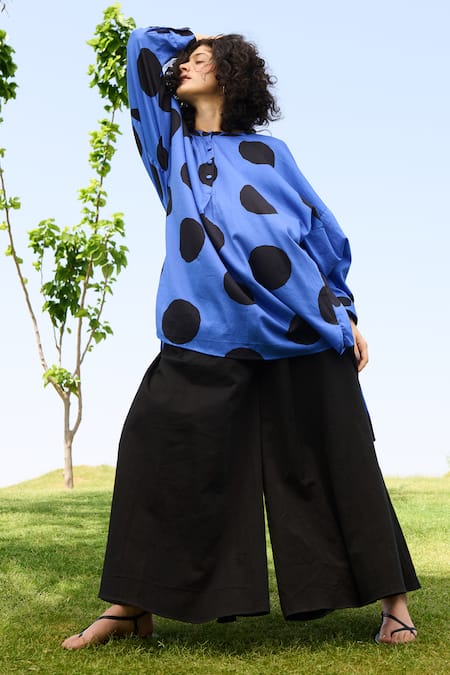 RAAS LIFE Black Linen, Cotton Round Neck Polka Print High Low Tunic With Flared Pant at Aza Fashions RAAS LIFE_Black Linen, Cotton Round Neck Polka Print High Low Tunic With Flared Pant _at_Aza_Fashions
