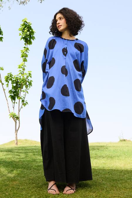 Buy RAAS LIFE Black Linen, Cotton Round Neck Polka Print High Low Tunic With Flared Pant Buy_RAAS LIFE_Black Linen, Cotton Round Neck Polka Print High Low Tunic With Flared Pant
