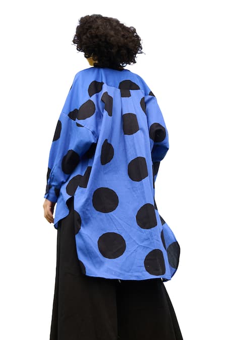 Shop RAAS LIFE Black Linen, Cotton Round Neck Polka Print High Low Tunic With Flared Pant Shop_RAAS LIFE_Black Linen, Cotton Round Neck Polka Print High Low Tunic With Flared Pant