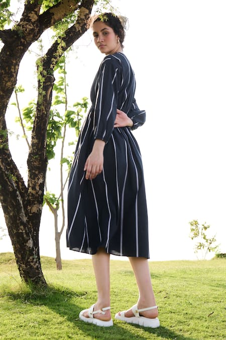Shop_RAAS LIFE_Black Linen Cotton Print Stripe V Neck Cosmo Midi Dress _at_Aza_Fashions