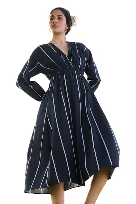 RAAS LIFE_Black Linen Cotton Print Stripe V Neck Cosmo Midi Dress _Online_at_Aza_Fashions