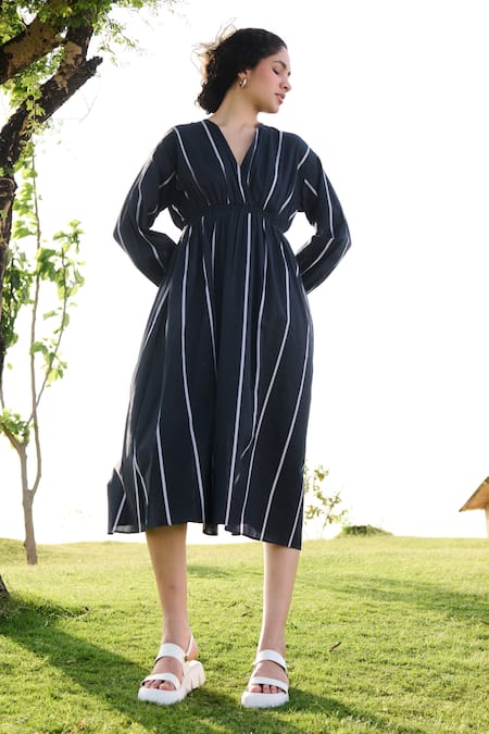 Shop_RAAS LIFE_Black Linen Cotton Print Stripe V Neck Cosmo Midi Dress _Online_at_Aza_Fashions