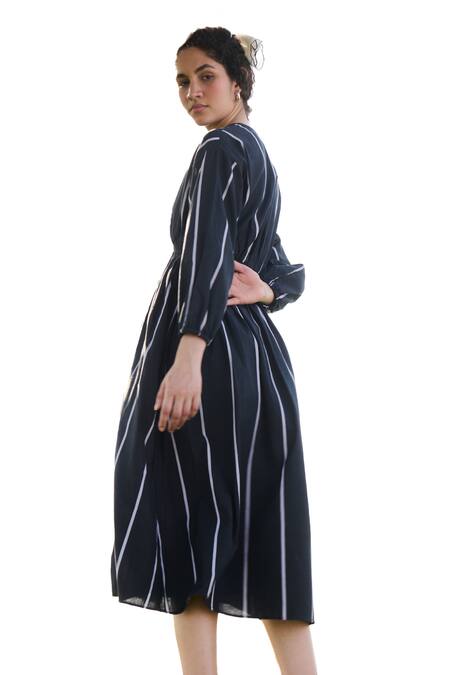 RAAS LIFE_Black Linen Cotton Print Stripe V Neck Cosmo Midi Dress _at_Aza_Fashions
