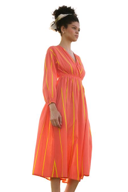 RAAS LIFE Orange Linen Cotton Print Stripe V Neck Cosmo Balance Midi Dress Online at Aza Fashions RAAS LIFE_Orange Linen Cotton Print Stripe V Neck Cosmo Balance Midi Dress _Online_at_Aza_Fashions