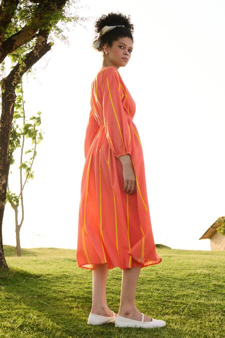 Shop RAAS LIFE Orange Linen Cotton Print Stripe V Neck Cosmo Balance Midi Dress Online at Aza Fashions Shop_RAAS LIFE_Orange Linen Cotton Print Stripe V Neck Cosmo Balance Midi Dress _Online_at_Aza_Fashions