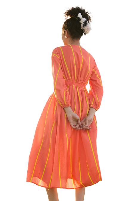 RAAS LIFE Orange Linen Cotton Print Stripe V Neck Cosmo Balance Midi Dress at Aza Fashions RAAS LIFE_Orange Linen Cotton Print Stripe V Neck Cosmo Balance Midi Dress _at_Aza_Fashions