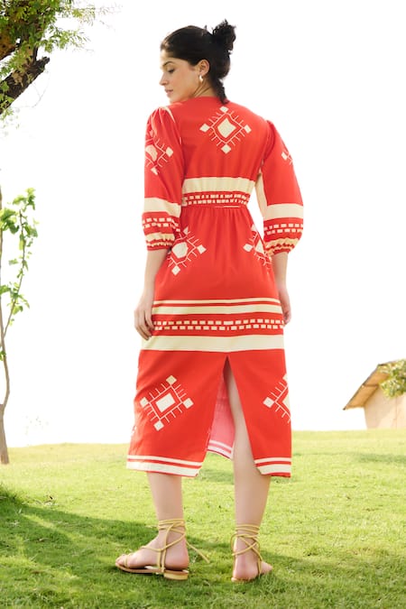 Shop_RAAS LIFE_Orange Linen Cotton Print Tribe V Neck Dahlia Midi Dress _at_Aza_Fashions