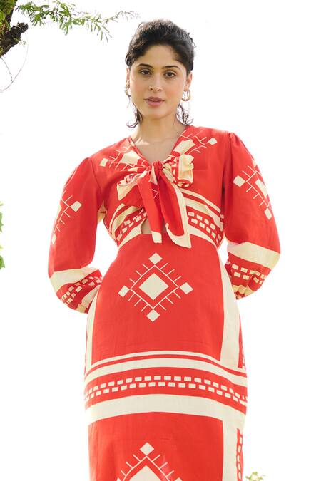 RAAS LIFE_Orange Linen Cotton Print Tribe V Neck Dahlia Midi Dress _Online_at_Aza_Fashions