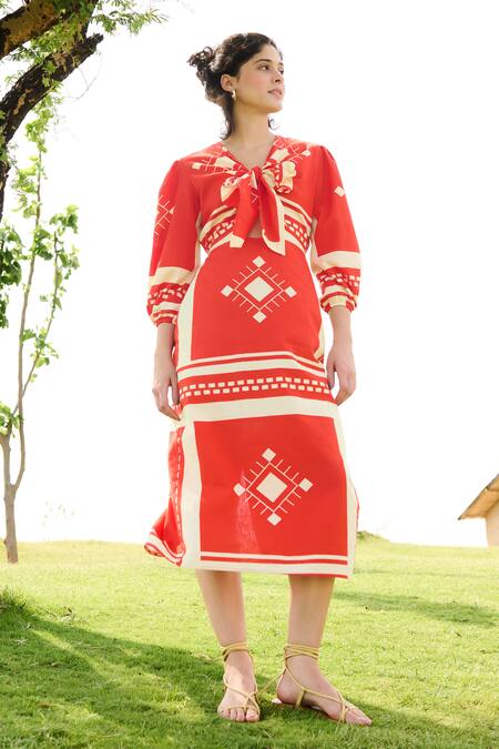 Buy_RAAS LIFE_Orange Linen Cotton Print Tribe V Neck Dahlia Midi Dress _Online_at_Aza_Fashions