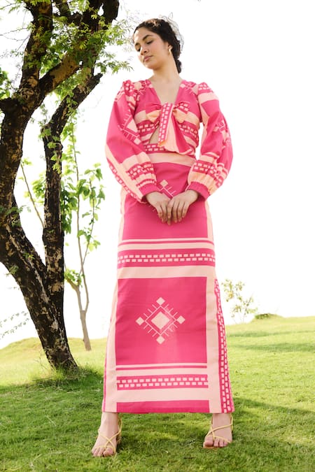 RAAS LIFE Pink Linen Cotton Print Tribe V Neck Dahlia Art Maxi Dress