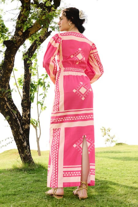 Shop RAAS LIFE Pink Linen Cotton Print Tribe V Neck Dahlia Art Maxi Dress at Aza Fashions Shop_RAAS LIFE_Pink Linen Cotton Print Tribe V Neck Dahlia Art Maxi Dress _at_Aza_Fashions