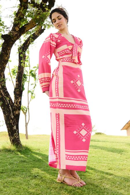 RAAS LIFE Pink Linen Cotton Print Tribe V Neck Dahlia Art Maxi Dress Online at Aza Fashions RAAS LIFE_Pink Linen Cotton Print Tribe V Neck Dahlia Art Maxi Dress _Online_at_Aza_Fashions