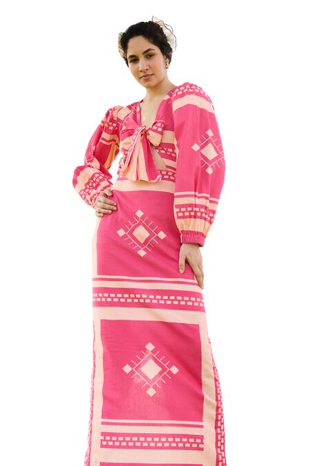 Shop RAAS LIFE Pink Linen Cotton Print Tribe V Neck Dahlia Art Maxi Dress Online at Aza Fashions Shop_RAAS LIFE_Pink Linen Cotton Print Tribe V Neck Dahlia Art Maxi Dress _Online_at_Aza_Fashions