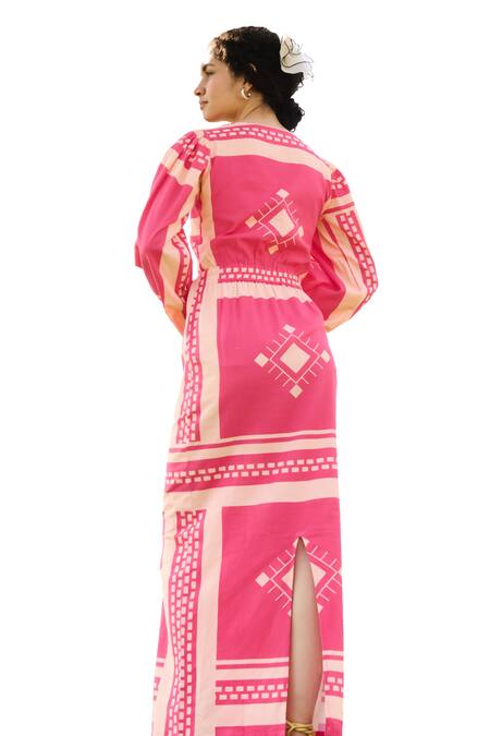 Buy RAAS LIFE Pink Linen Cotton Print Tribe V Neck Dahlia Art Maxi Dress Buy_RAAS LIFE_Pink Linen Cotton Print Tribe V Neck Dahlia Art Maxi Dress