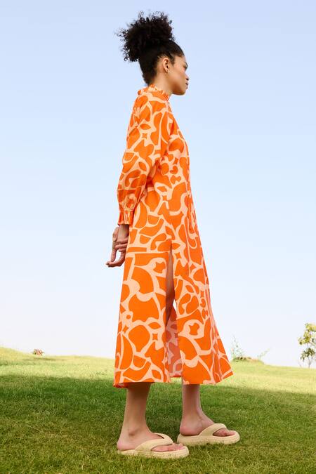 Buy RAAS LIFE Orange Linen Cotton Print Daisy Pleated High Neck Midi Dress Online at Aza Fashions Buy_RAAS LIFE_Orange Linen Cotton Print Daisy Pleated High Neck Midi Dress _Online_at_Aza_Fashions