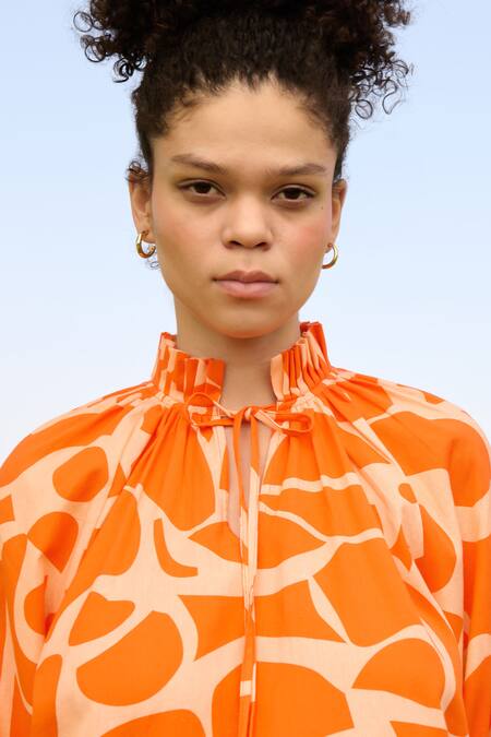 Shop RAAS LIFE Orange Linen Cotton Print Daisy Pleated High Neck Midi Dress Online at Aza Fashions Shop_RAAS LIFE_Orange Linen Cotton Print Daisy Pleated High Neck Midi Dress _Online_at_Aza_Fashions