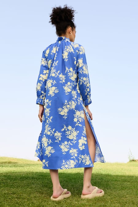 Shop RAAS LIFE Blue Linen Cotton Print Daisy Pleated High Neck Bloomy Midi Dress at Aza Fashions Shop_RAAS LIFE_Blue Linen Cotton Print Daisy Pleated High Neck Bloomy Midi Dress _at_Aza_Fashions