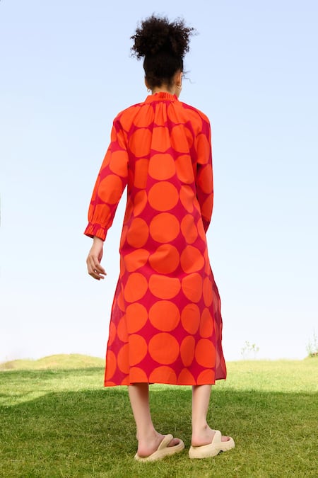 Shop_RAAS LIFE_Red Linen, Cotton V-neck Daisy Polka Dot Print Midi Dress _at_Aza_Fashions