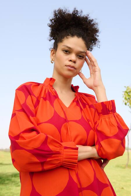 RAAS LIFE_Red Linen, Cotton V-neck Daisy Polka Dot Print Midi Dress _Online_at_Aza_Fashions