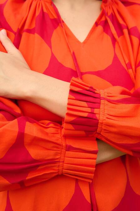 Buy_RAAS LIFE_Red Linen, Cotton V-neck Daisy Polka Dot Print Midi Dress _Online_at_Aza_Fashions